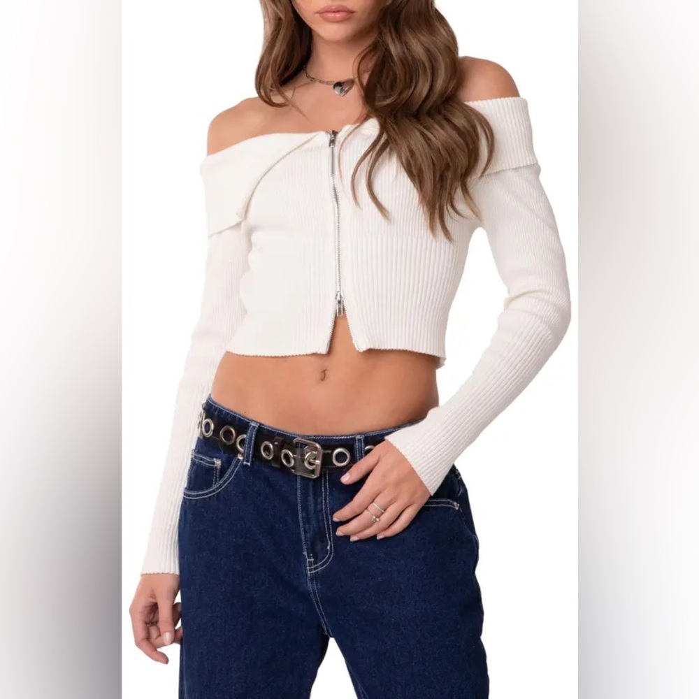 EDIKTED Double Zip Fold Over Off The Shoulder Crop Sweater In Cream